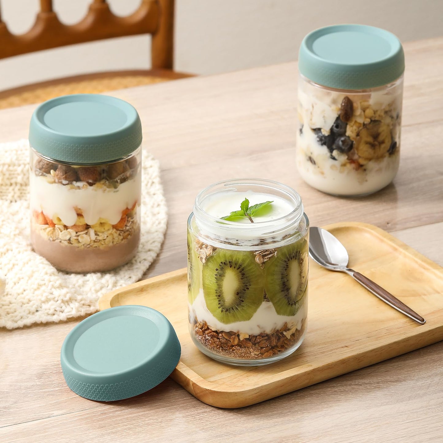 NETANY 6-pack 16 oz Overnight Oats Containers with Lids, Glass jars with Airtight Lids, Wide mouth Mason Salad jars, Glass Food Storage Containers for Snacks Yogurt Spice Sugar