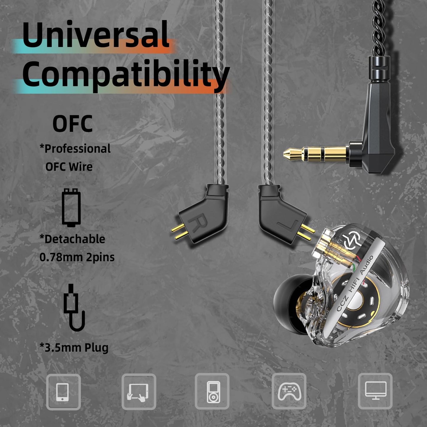 CCZ DC01 Pro in Ear Monitor Headphones, iems for Gaming, Professional Gaming Earbuds Super Bass Wired Earphones with 1DD, Patent Ear fins, Ear tips, for Singers Musicians Podcaster (black without mic)
