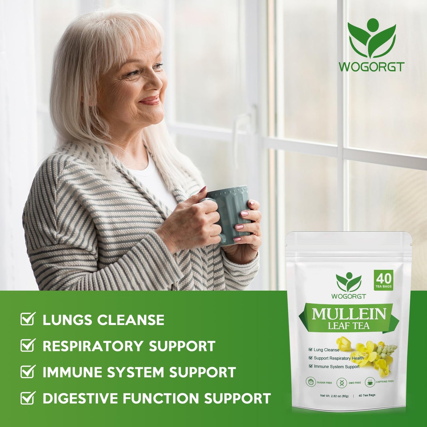 Mullein Tea Bags - Natural Mullein Leaf Tea for Lungs Cleanse and Respiratory Support, Caffeine Free - 40 Tea Bags