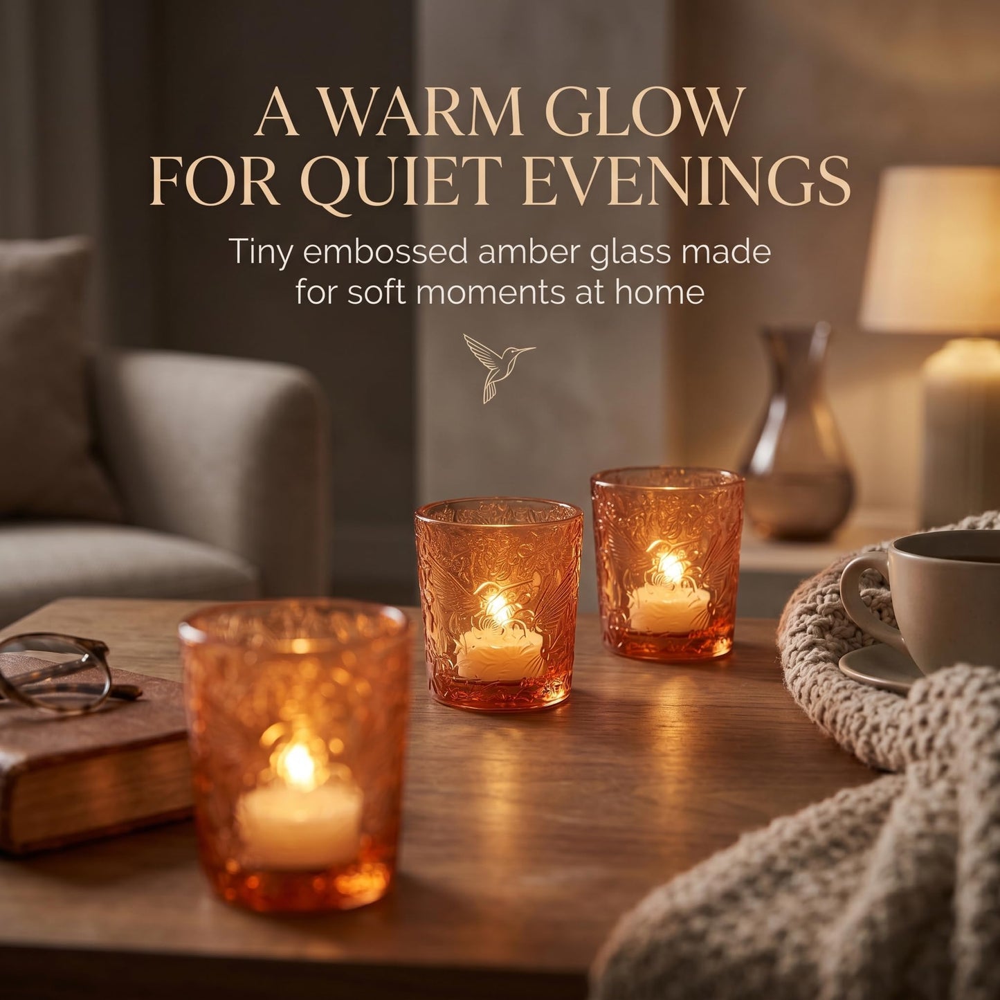 12 Pack Hummingbird Embossed Glass Candle Holders – Votive Tealight Holders with Patent Design, Decorative Embossed Glass Cups for Wedding Centerpieces, Parties, and Home Décor (Pumpkin Spice)