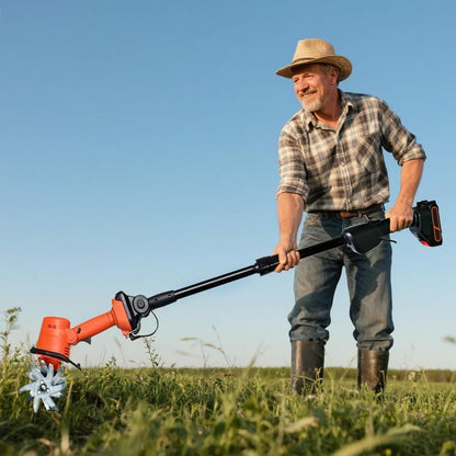 21V Cordless Mini Tiller Cultivator, Hand Tiller for Gardening, 235RPM Rotary Cultivator with Dual Batteries and Charger, Compact Soil Tilling Tool for Lawn and Garden Beds (with Pole)