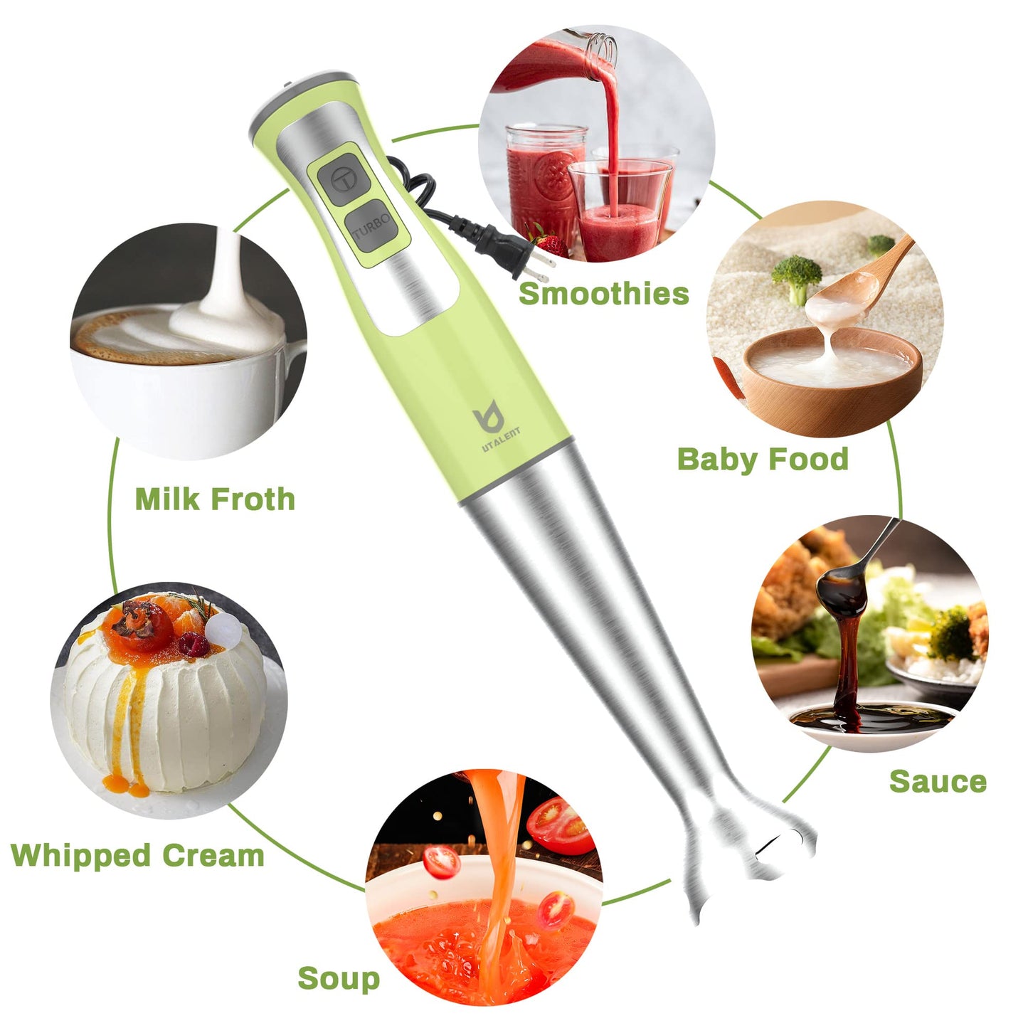 Immersion Hand Blender, UTALENT 3-in-1 8-Speed Stick Blender with Milk Frother, Egg Whisk for Coffee Milk Foam, Puree Baby Food, Smoothies, Sauces and Soups - Green