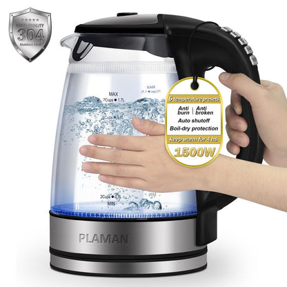 1500W Electric Kettle with Temperature Control - 6-Temp Presets for Tea/Coffee, Double Wall Cool-Touch, 4H Keep Warm, 1.7L Borosilicate Glass & BPA-Free, Fast Boil for Home/Office