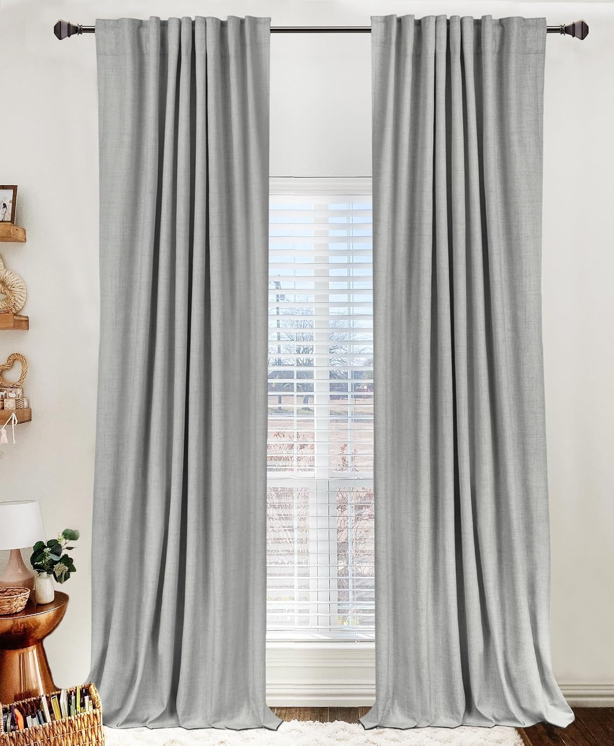Skiennix 100% Blackout Linen Curtains - Thermal Insulated Drapes for Bedroom | 50" W x 90" L, Ash Grey