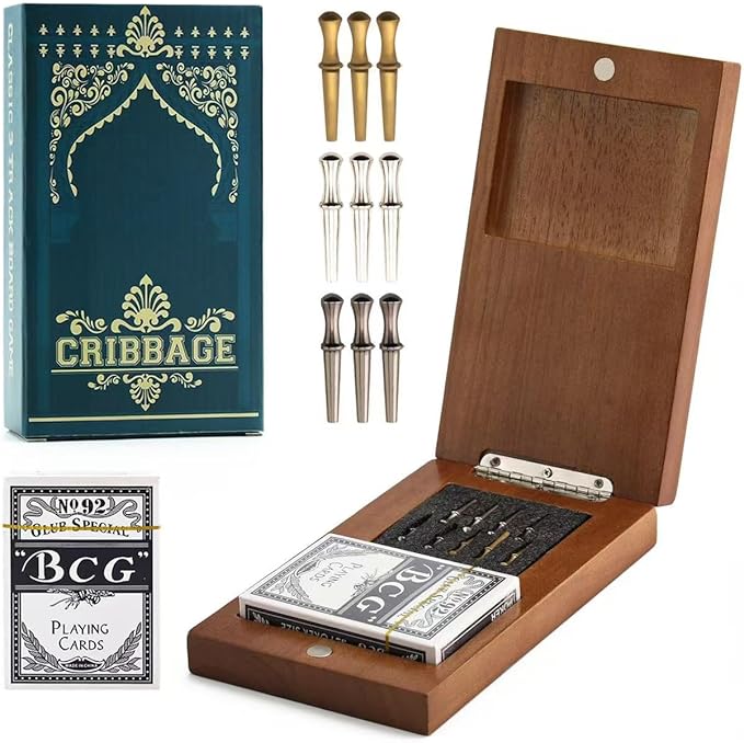 Wooden Cribbage Board Game Set Travel Cribbage Board with Storage and Collapsible with Magnetic Lock / 9 Metal Pegs/Full Deck of Cards Family Board Games for Adults