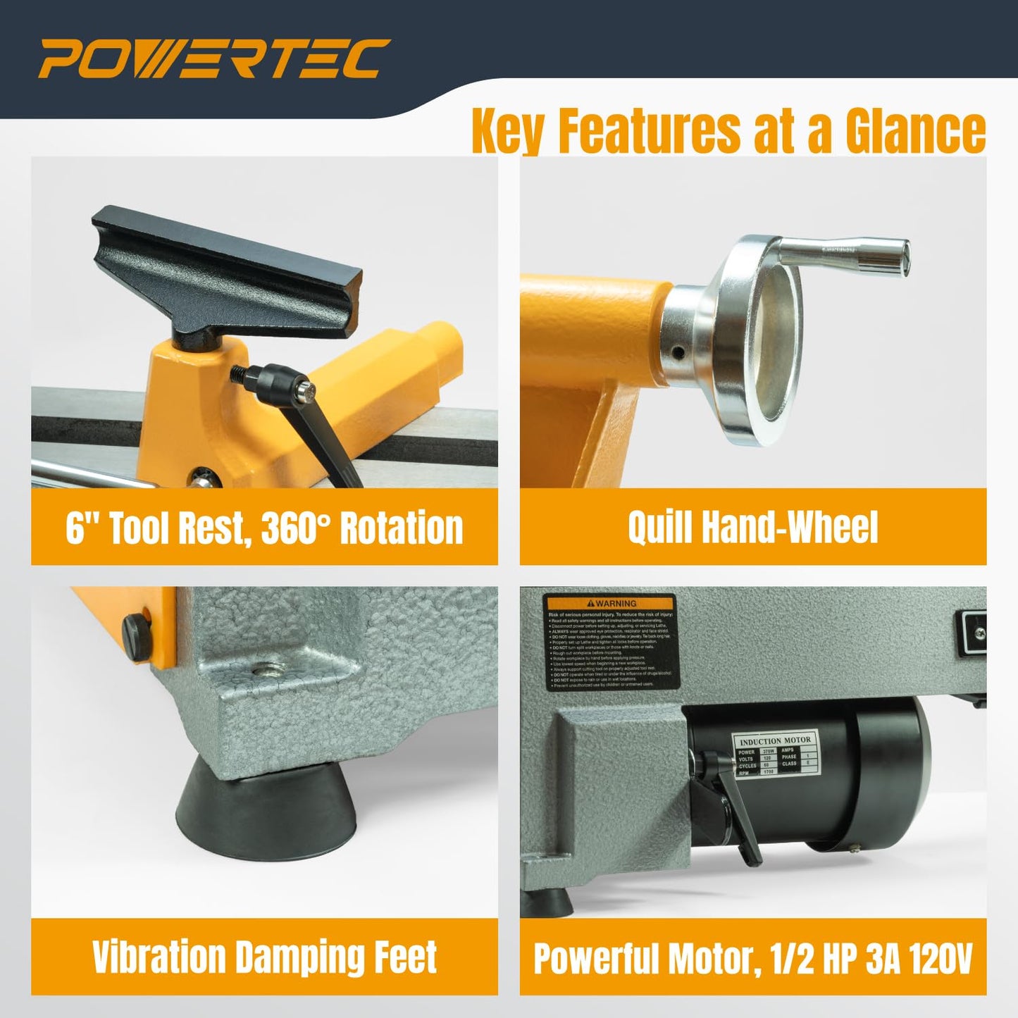 POWERTEC 10" x 18" Benchtop Mini Wood Lathe – 1/2HP, 5-Speed Cast Iron Lathe with MT2 Taper for Turning Pens, Bowls, Spindles, and DIY Wood Projects (LT1018)