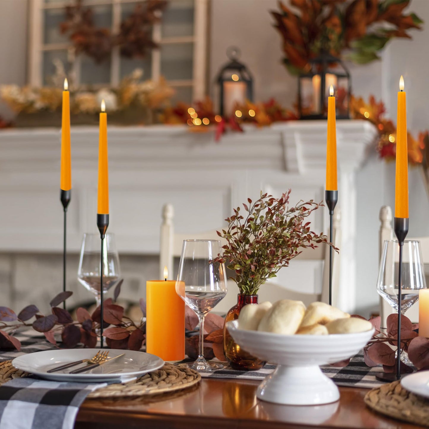 Orange Flameless Taper Candles, 9.6" Halloween Battery Operated Candles with Two Remote, Real Wax Fall Led Candlesticks, Flickering Flameless Candle for Fall, Thanksgiving, Harvest, Halloween, 6 Pack