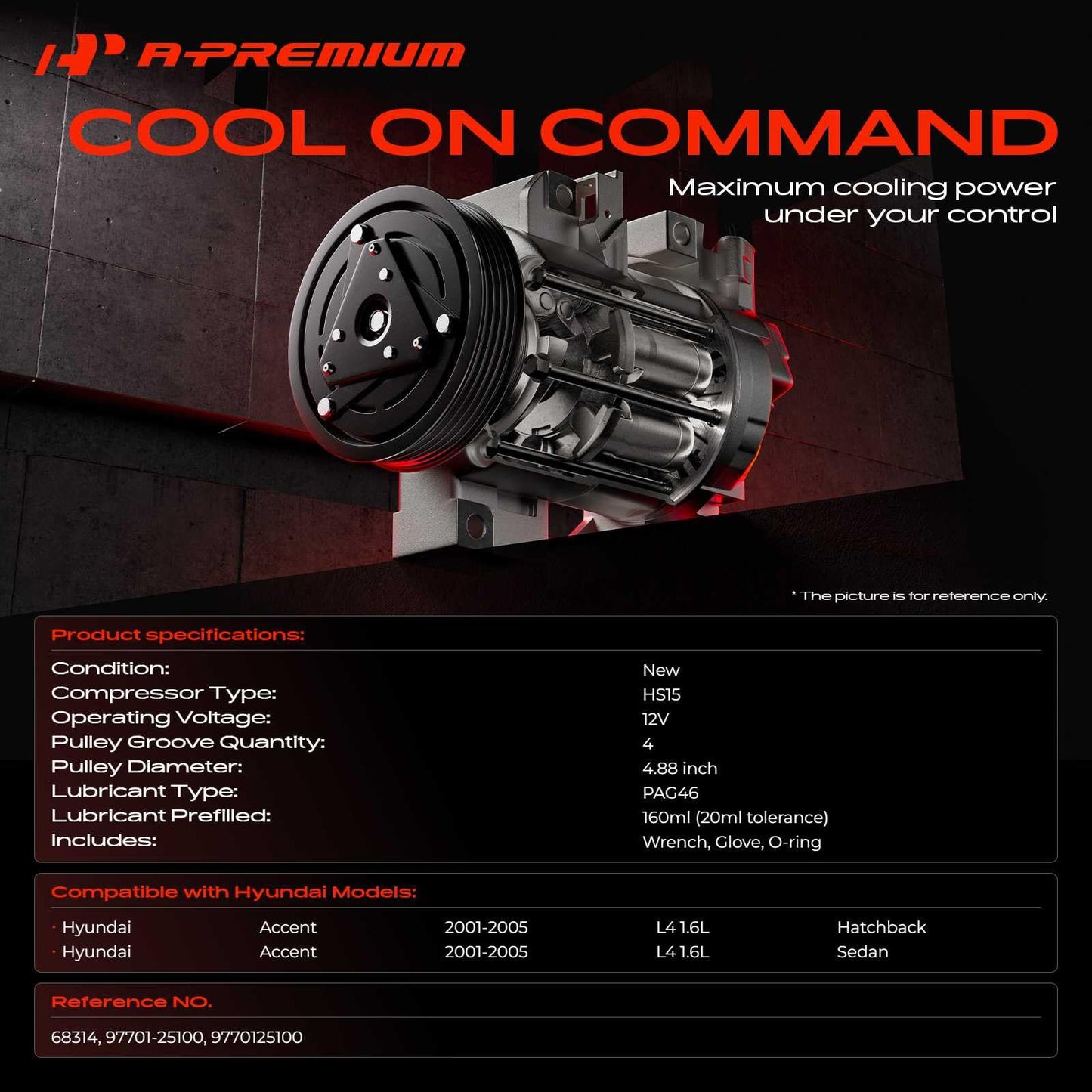 A-Premium Air Conditioner AC Compressor with Clutch Compatible with Hyundai Accent 2001-2005 1.6L, For HS15 Compressor