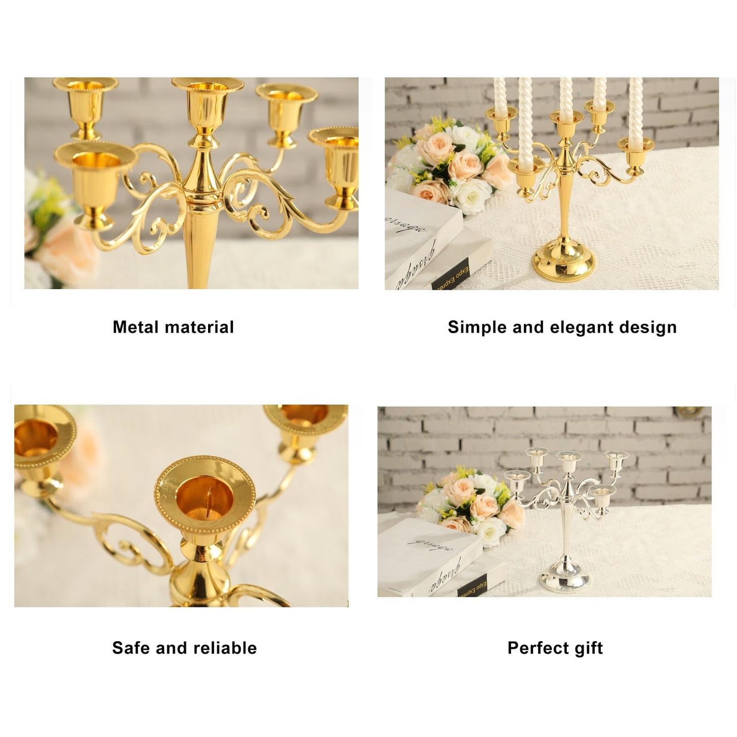 YUEYASHUX 5 Arm Candlestick Holder Retro Decorative Iron Candle Holder Centerpiece for Home Church (Gold)
