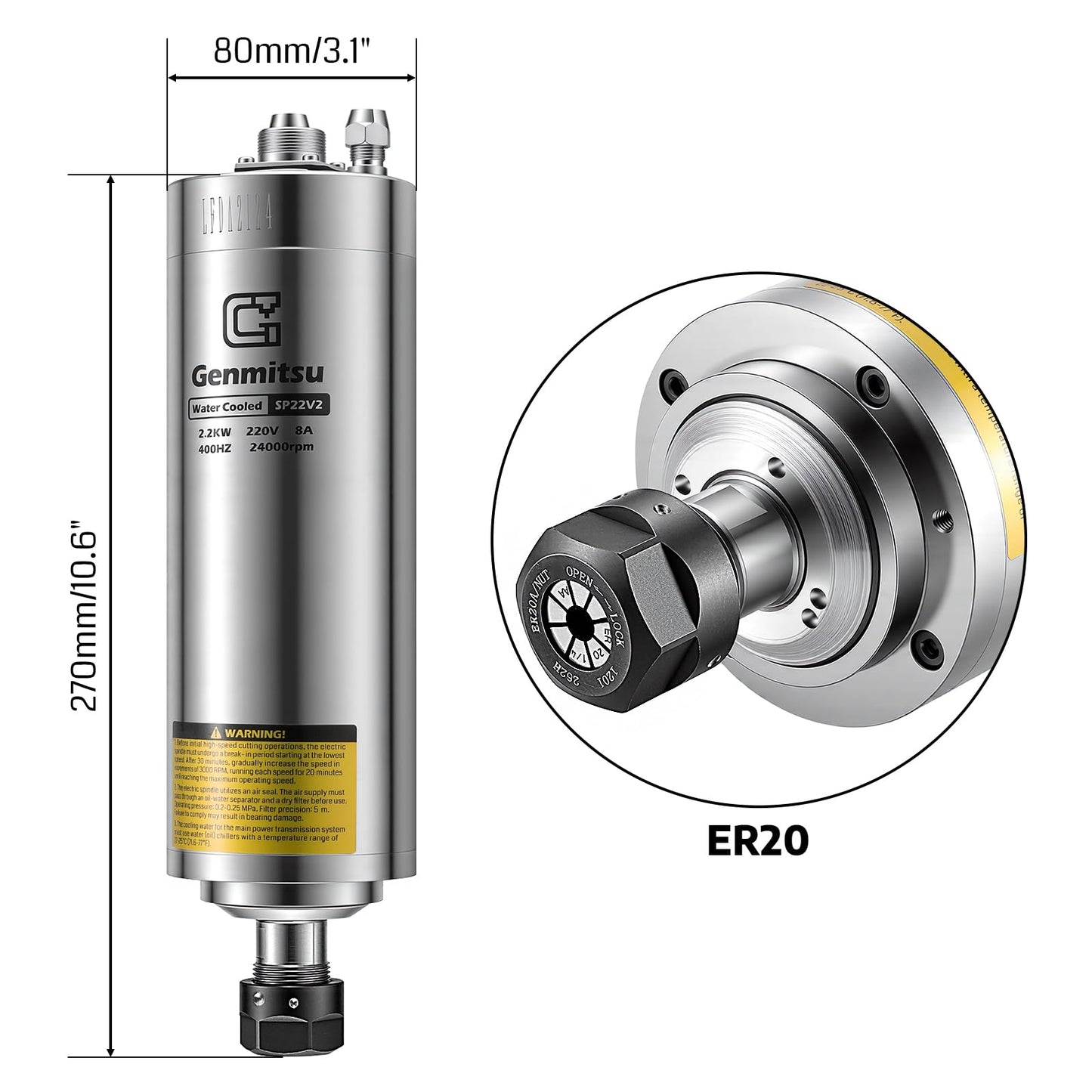 Genmitsu CNC Spindle Motor Kit, 2.2KW, Water Cooled Spindle Motor, 24000 RPM ER11 Collet with Pre-Wired VFD Inverter Box & Pump - 4 Bearing Precision Motor for CNC Router Machine Engraving