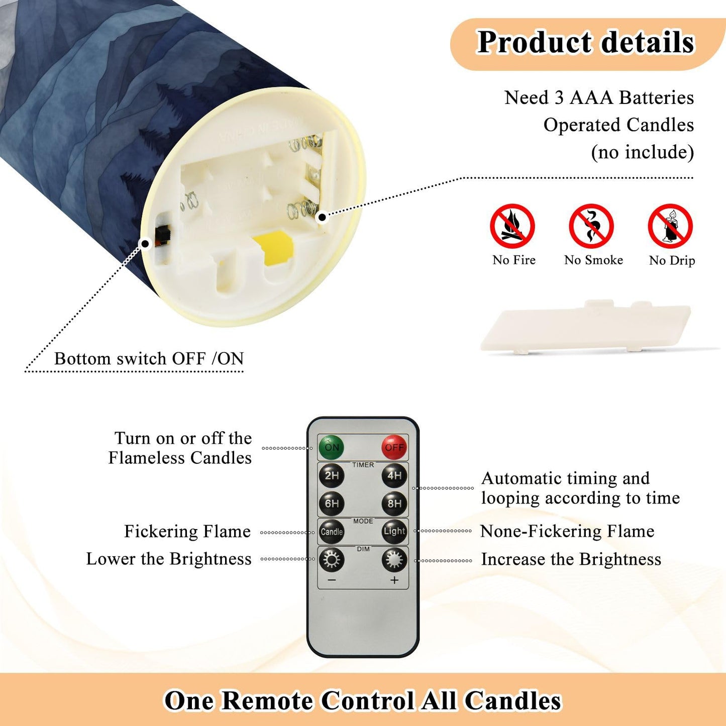 Blue Marble Flameless Candles with Remote, Set of 2 LED Battery Operated with Timer Fake Plastic Pillar Candles for Wedding Table Party Decor