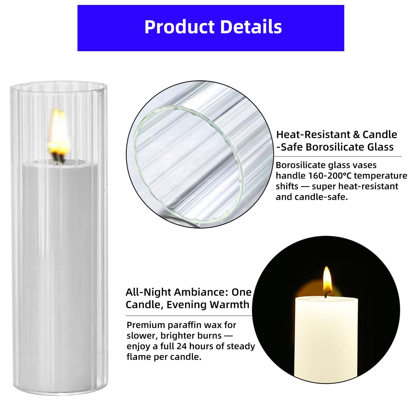 Sandraheer Elegant Ivory White Pillar Candles with Clear Ribbed Glass Holders 24 pcs (12 Unscented Candles+12 Candle Hoders) –Perfect for Weddings, Parties, Events, and Home Decor–Long-Lasting Burn