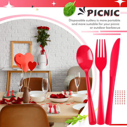 300 Pcs Plastic Silverware Heavy Duty Cutlery Set Plastic Utensils Set Includes 100 Disposable Spoons 100 Forks Knives for Parties Catering Family Gathering(Red)