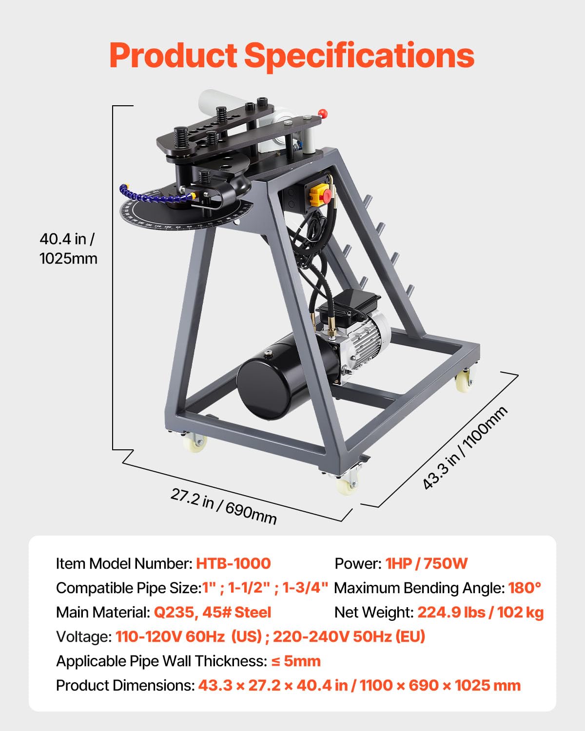 VEVOR Electric Tube Bending Machine, 750W Electric Tubing Bender with 6L Hydraulic Cylinder, Movable Pipe Bender Machine with 3 Dies & 180° Max Bending Angle, Suitable for 1", 1-1/2", 1-3/4" Pipes