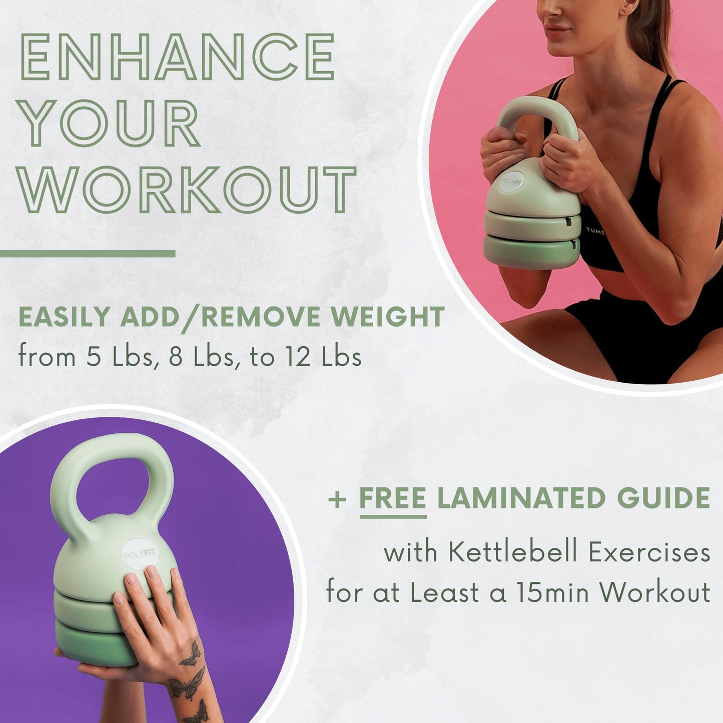 Polyfit Adjustable Kettlebell | 5 lb - 12 lb | Kettlebell Weights Set for Home Gym (GREEN)