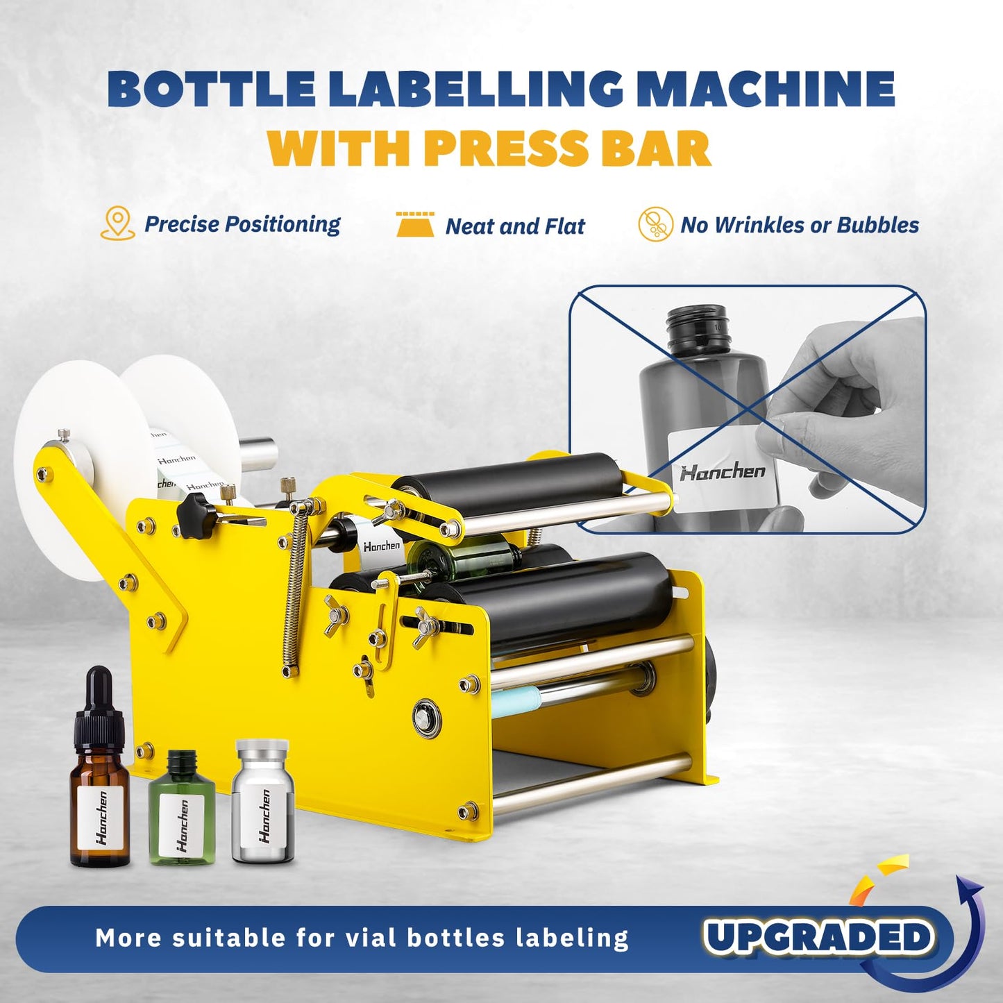 Hanchen Manual Round Bottle Labeling Machine with Comfort Press Handle for Precision & Speed, Adjustable Bottle Labeler Label Applicator Machine for Vial Light Small Bottles Effortless Labeling