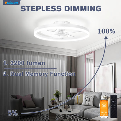 VOLISUN Low Profile Ceiling Fans with Light and Remote,15.7in Modern Bladeless Ceiling Fan with Lights,3000K-6500K Dimmable Flush Mount LED Fan Light,Brown Fandelier Ceiling Fans for Bedroom