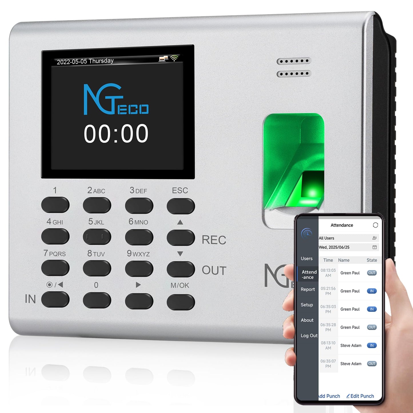 NGTeco APP-Based Time Clock for Employees Small Business, Automatic Fingerprint Clock in and Out Machine with 2000mAh Battery, 2.4GHz WiFi, iOS&Android, No Monthly Fee