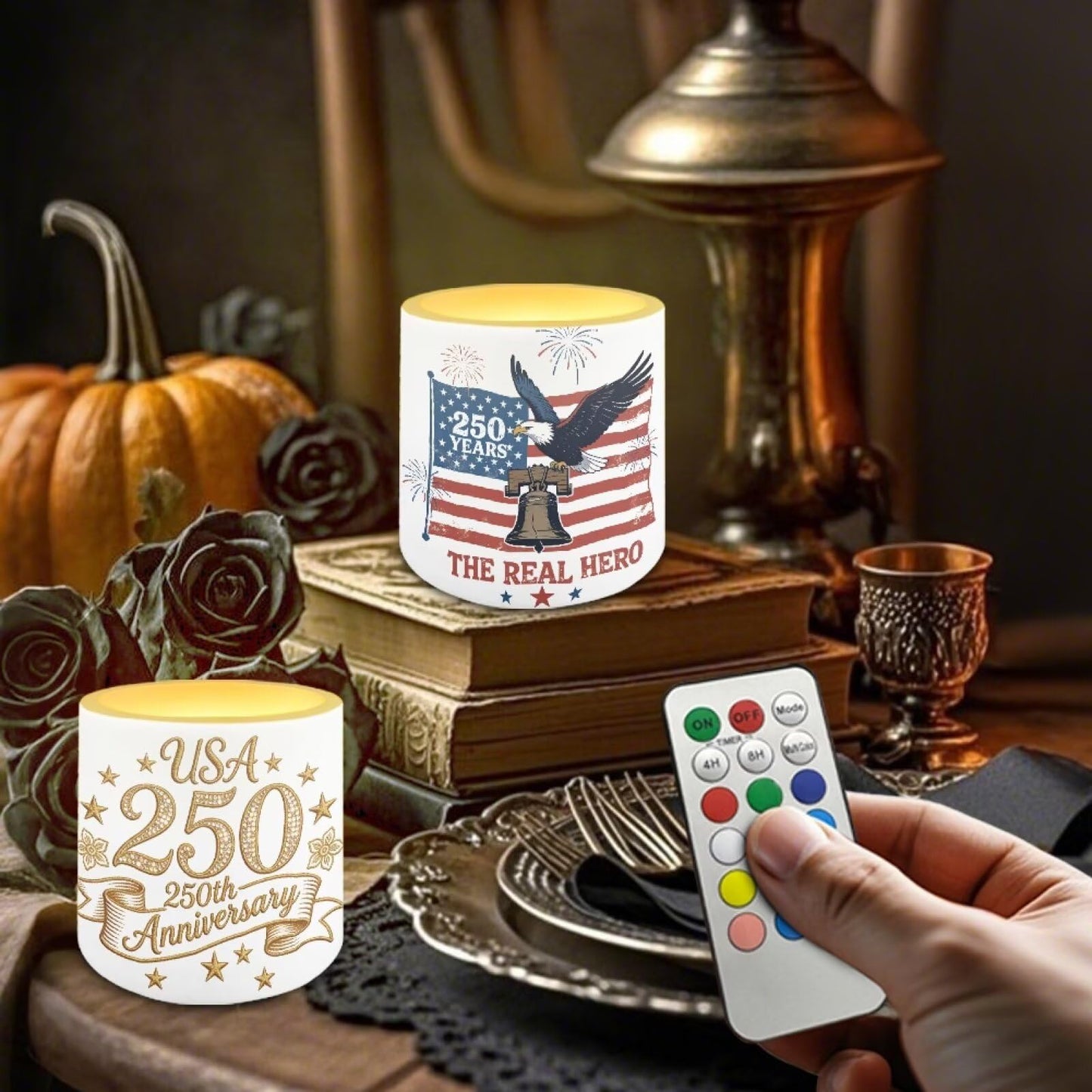 NETILGEN American 250th Anniversary Theme 4 Packs Flameless Candles LED Pillar Candles with Battery Operated Color Changing with Remote Control American Flag Eagle Print