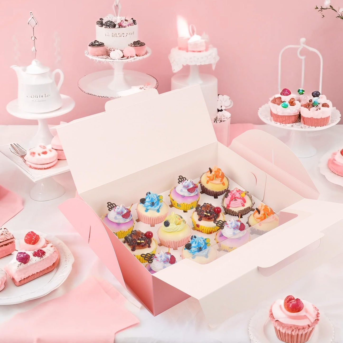 FORBFAN 30 Pcs Cupcake Boxes, 12 Count Muffin Boxes with Handle, Window, and Inserts, Pink Cupcake Holders Bakery Carrier Boxes for Cookies Treats Dessert