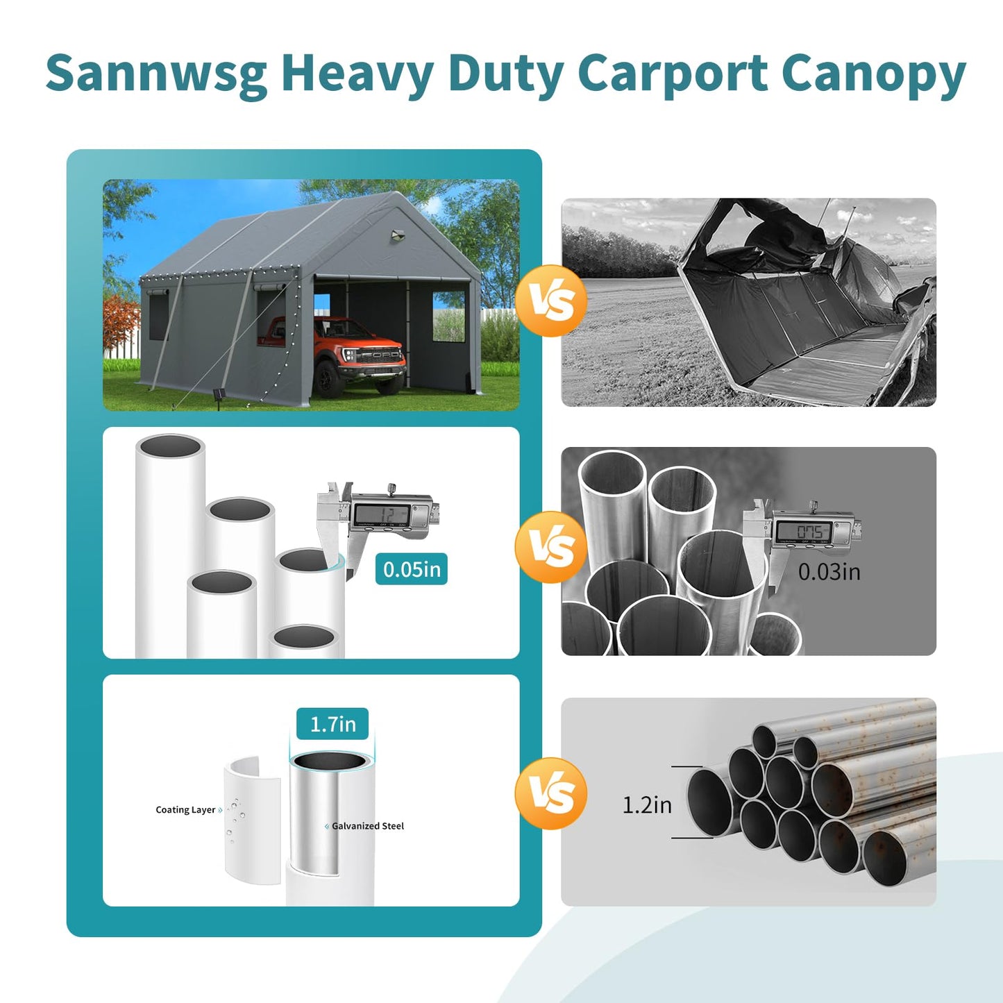 12x20FT Heavy Duty Carport Canopy,Extra Large Portable Car Tent Garage with Roll-up Windows and All-Season Tarp Cover,Removable Roof&Side Wall for Car,SUV,Boats