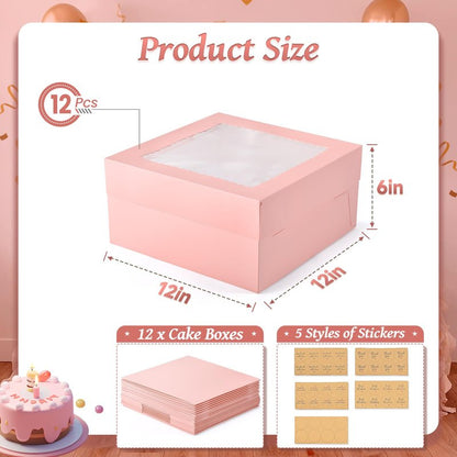 DOYIDE 12Pcs Cake Boxes, 12x12x6 Inches Pink Bakery Boxes with Window, Large Disposable Cake Carrier Container for Pastries, Pie, Cookies, Chocolates, Cupcakes Dessert Boxes