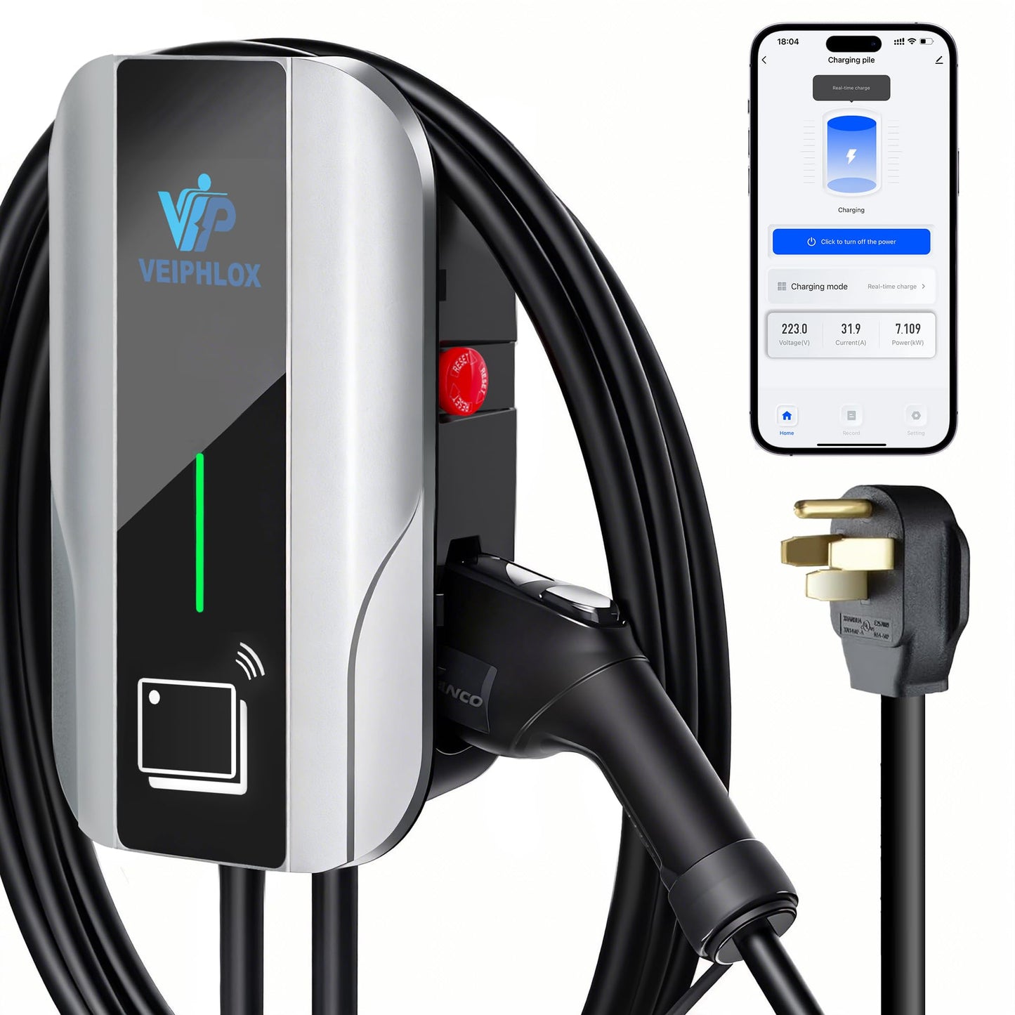 VEIPHLOX Level 2 EV Charger, 40 Amp 240V, w/ J1772 Connector, WiFi (2.4GHz) Enabled Electric Vehicle Charging Station, 25ft Cable, NEMA 14-50 Plug, IP65 Weatherproof Indoor/Outdoor, RFID & App Control