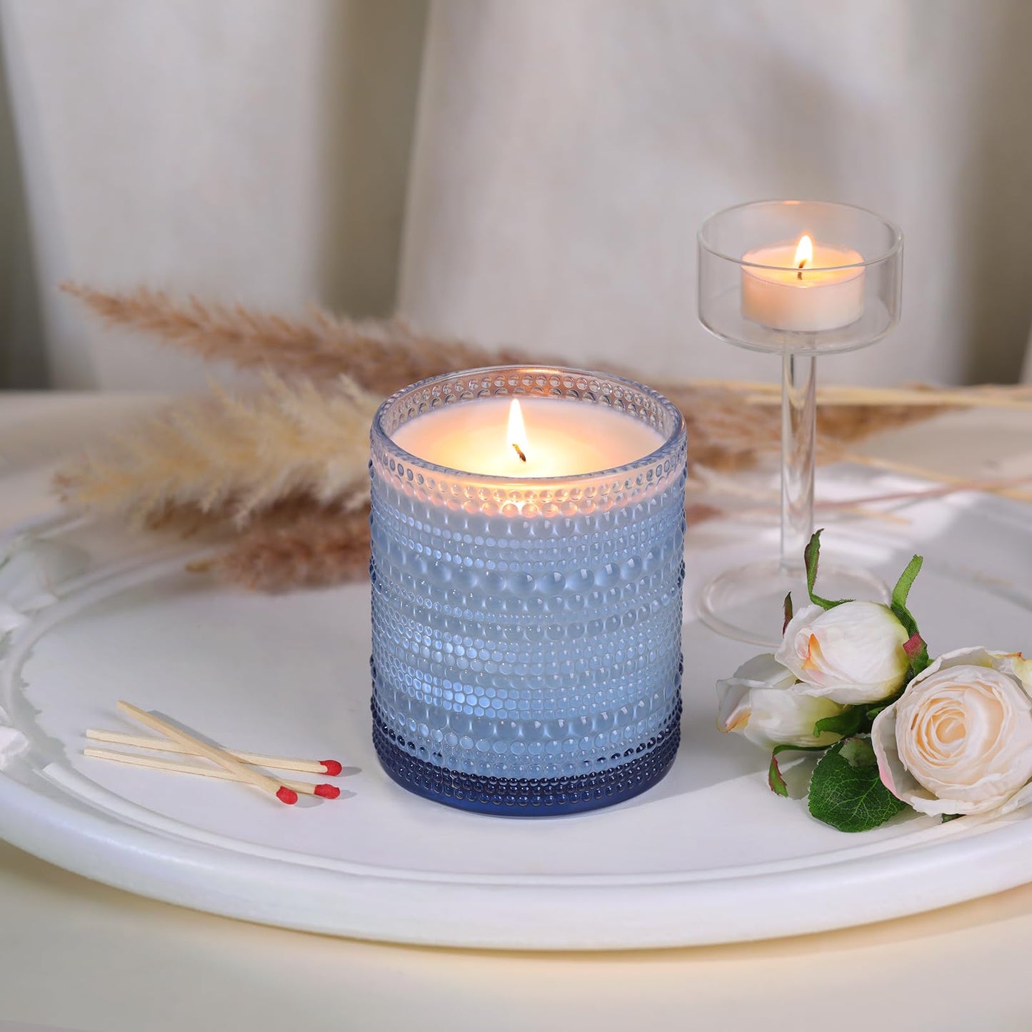 DARJEN 8 Pack Blue Candle Jars for Making Candles- 14 OZ Empty Glass Candle Making Jars with Bamboo Lids and Labels, Candle Making Supplies Candle Containers for DIY Gifts