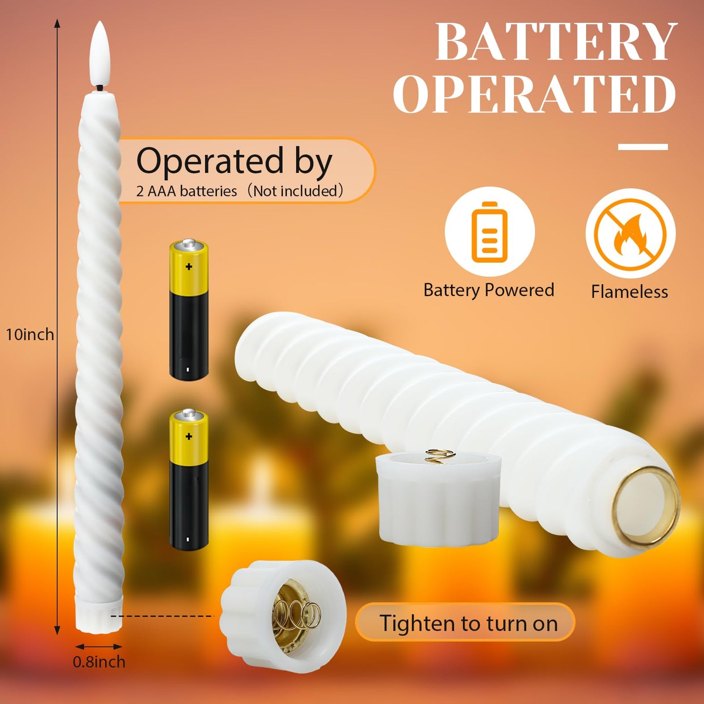 Tuanse 24 Pcs 10 Inch Flameless Twisted Taper Candles Battery Operated LED Taper Flickering Candlesticks Electric Warm Light for Wedding Holiday Birthday Home Decor(White)