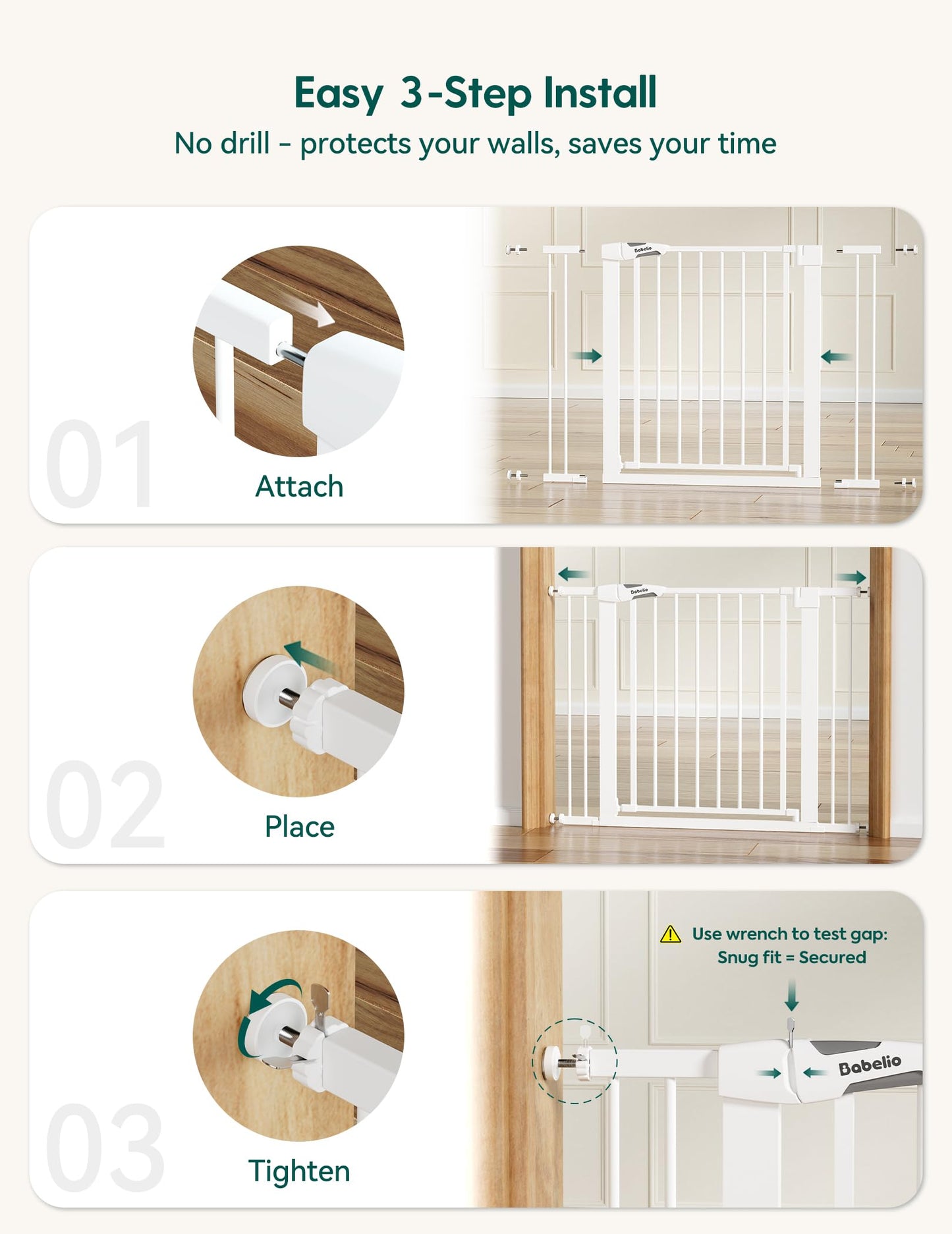 Babelio Metal Baby Gate, 29-48" Auto Close Easy Install Pet Gate, Extra Wide Walk Thru Child Safety Gate, Pressure Mounted Dog Gate for Doorways & Stairs, with Y Spindle Rods, White