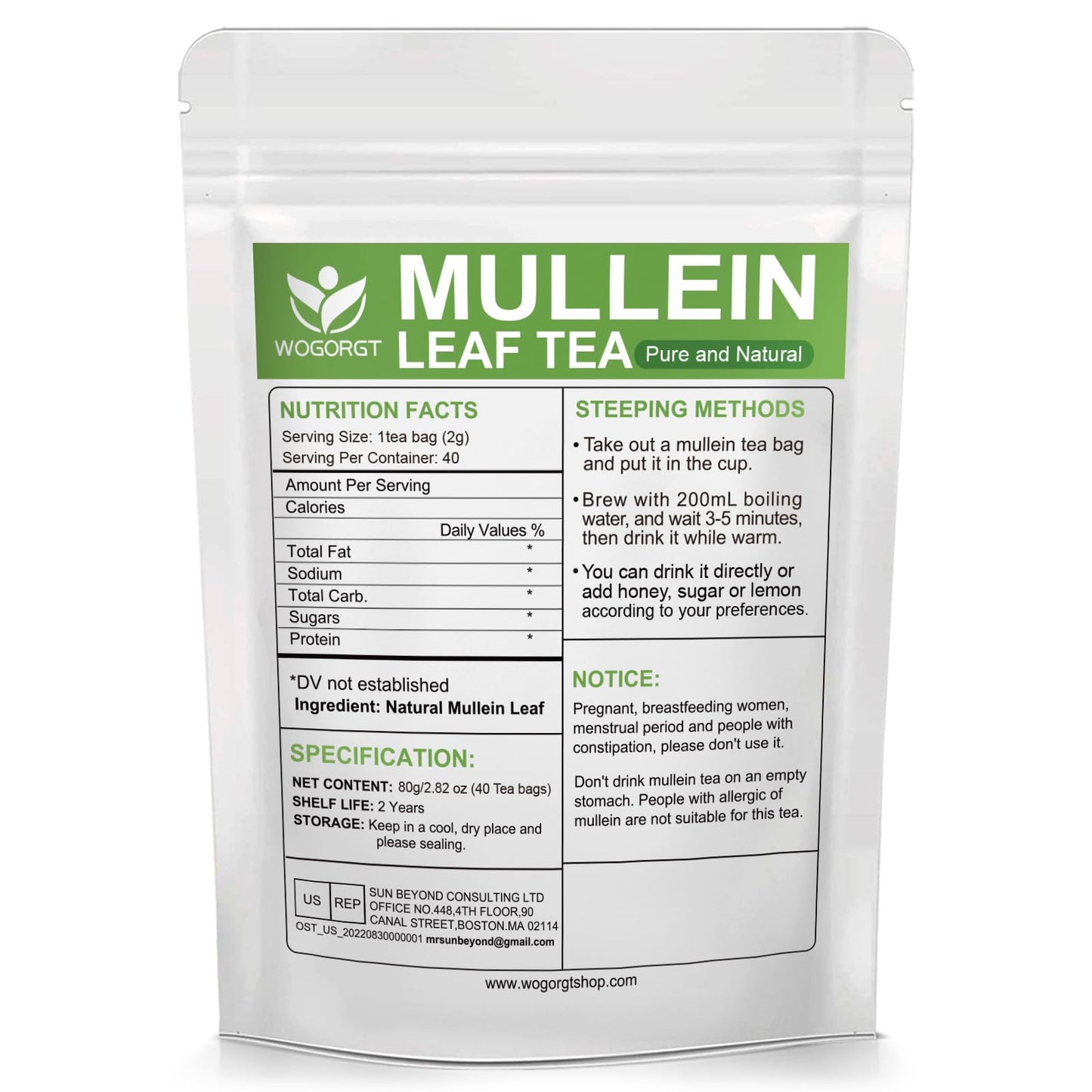 Mullein Tea Bags - Natural Mullein Leaf Tea for Lungs Cleanse and Respiratory Support, Caffeine Free - 40 Tea Bags
