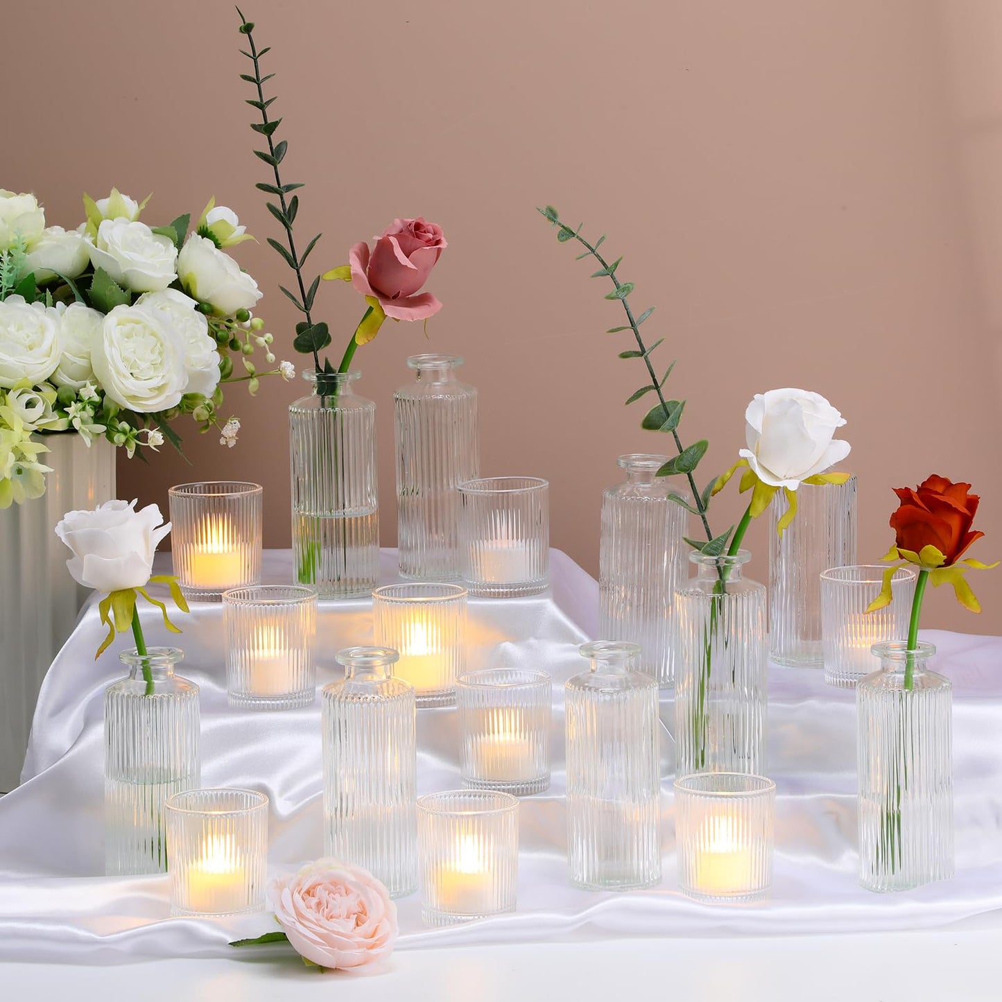 Yerliker 12 Glass Bud Vases Set Bulk Clear Ribbed Vases and 12 Clear Glass Tea Light Candle Holders Suitable for Table Centerpieces, Parties, Home Decor, Wedding Table Centerpiece, Home Decor