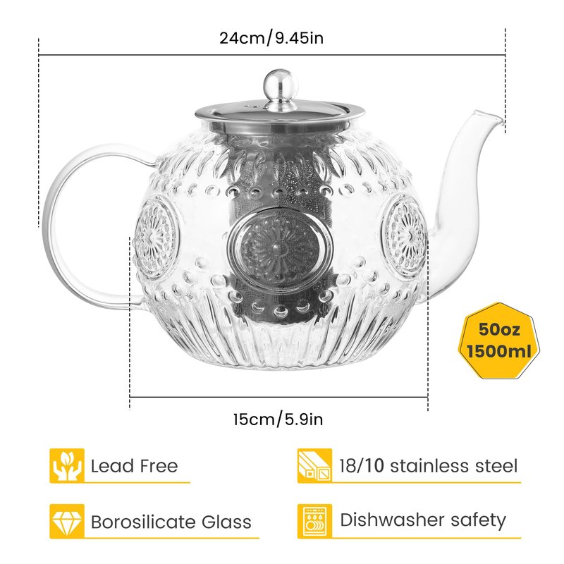 Amzcku 50OZ/1500ml Vintage Glass Teapot with Removable Infuser – Stovetop Safe, Borosilicate Glass Tea Kettle for Blooming & Loose Leaf Tea