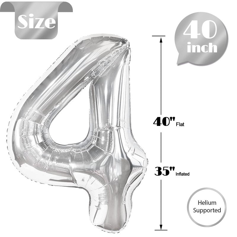 Silver Number 4 Balloon 40 Inch, 4th Birthday Party Decorations for Children, Giant 4 Foil Balloon for Party Supplies