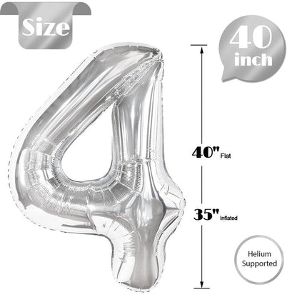 Silver Number 4 Balloon 40 Inch, 4th Birthday Party Decorations for Children, Giant 4 Foil Balloon for Party Supplies