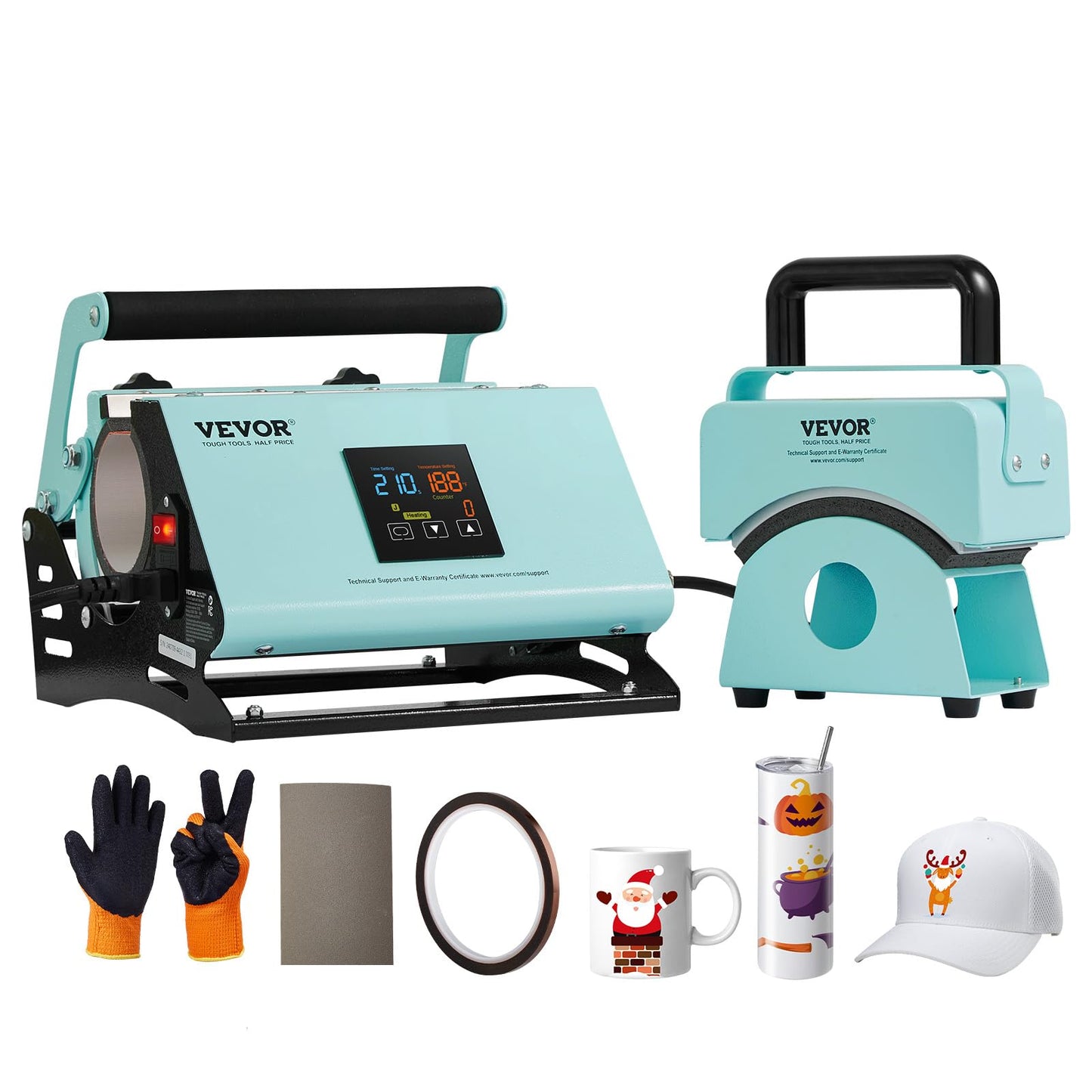 VEVOR 2 in 1 Tumbler and Hat Heat Press Machine, Mini Press for Caps, 11-30oz Sublimation Mugs, Temperature and Time Control, Green