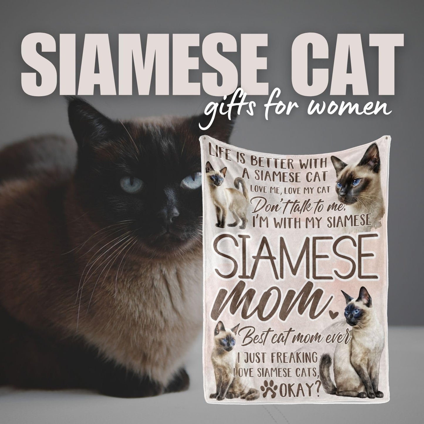 Huglanket Siamese Cat Gifts, Cat Mom Gifts for Women, Throw Blanket for All Seasons, Siamese Mom