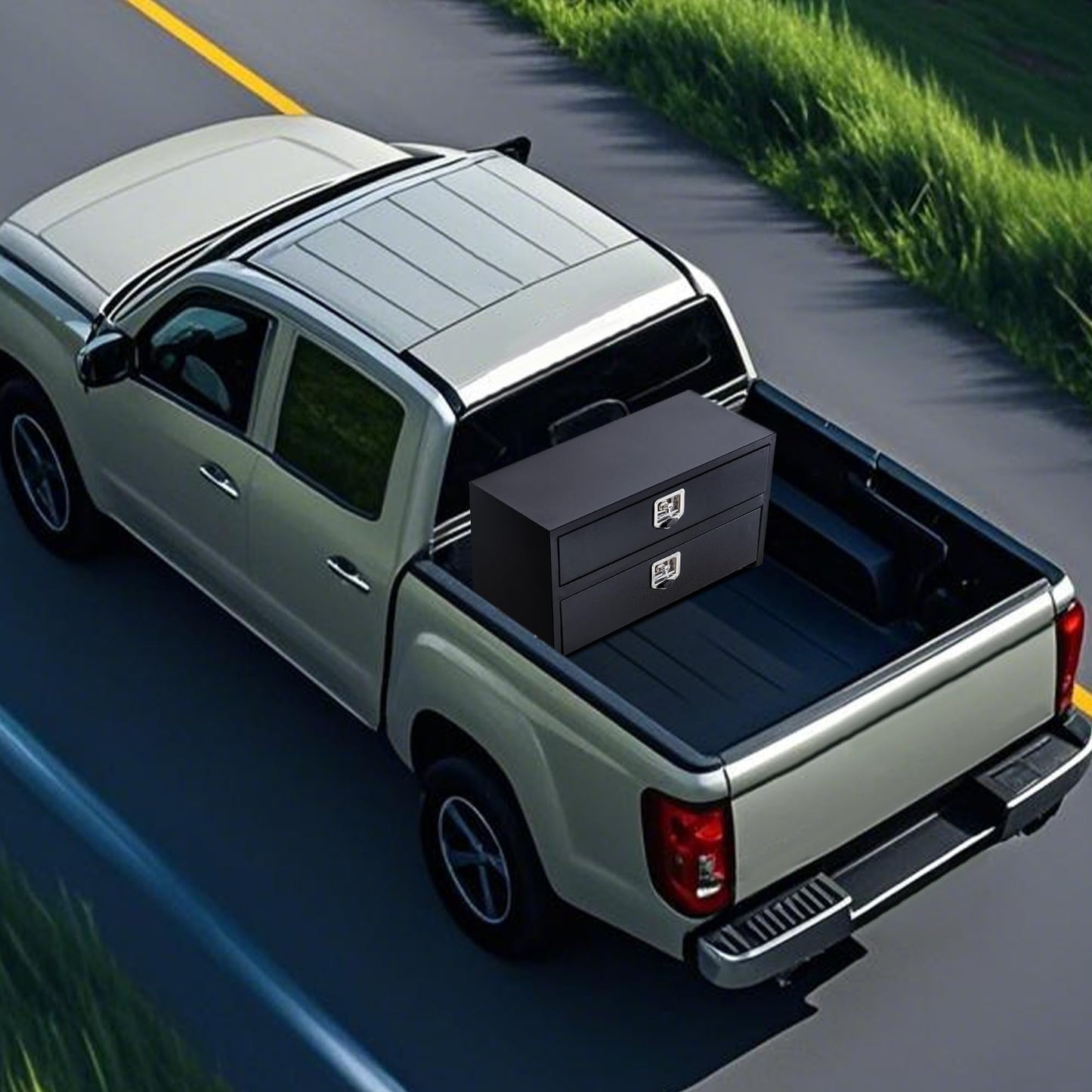 24'' Black Steel Truck Tool Box with Drawer, Heavy Duty Two-Tier Underbody Storage Organizer with Lock and Keys, Waterproof Pickup Truck Bed Toolbox for RV, Trailer, Cargo Equipment 24" x 18" x 20''