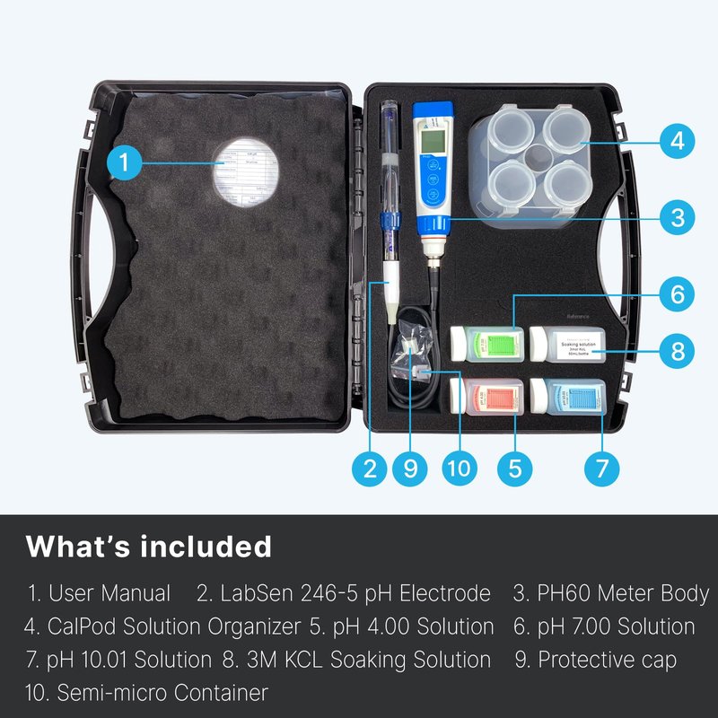 Apera Instruments PH60-MS Handheld pH Meter Tester Kit with LabSen 246-5 ATC Semi-Micro pH Electrode for Lab-Grade pH Measurement in Small Volume or Test Tubes