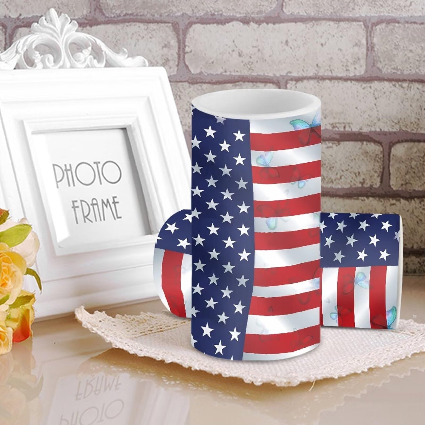 Luarisgur Flameless Candles LED American Flag Decorative Candles Butterfly Print Battery Operated Ornage Flickering Candles with 18-Key Remote Timer Pillar for Home Living Room Party Table Decorations