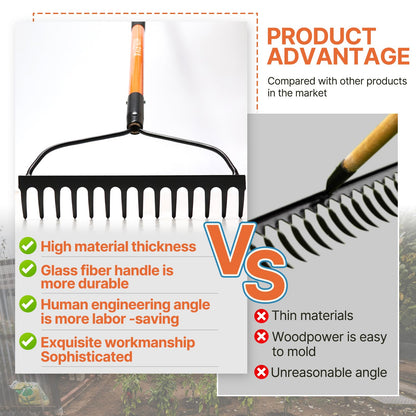 KOLEIYA Garden Rake Heavy Duty, 14-Tine Bow Rake with 57" Fiberglass Handle, for Soil Leveling, Lawn Care, Mulch Spreading, Leaf and Debris Cleanup