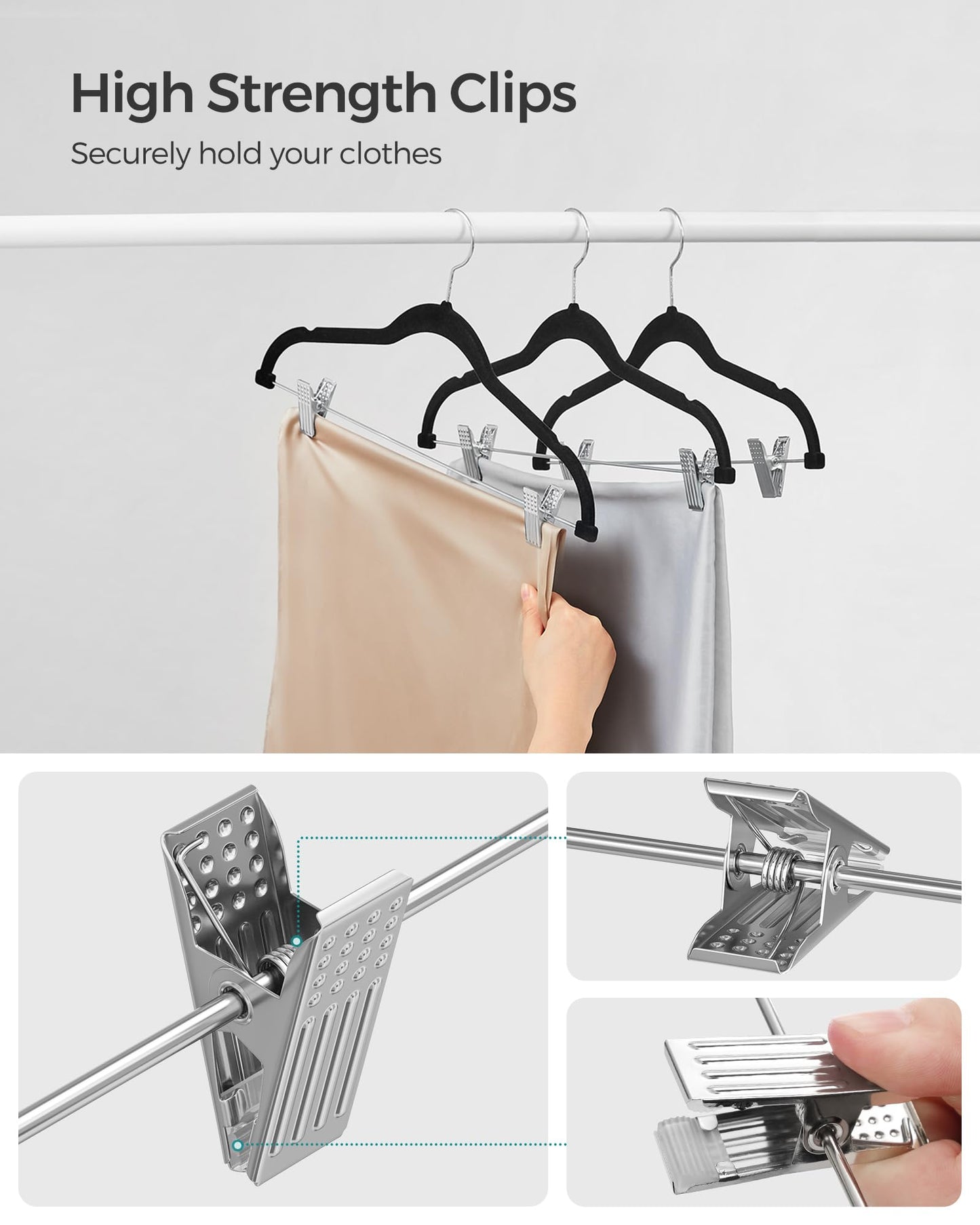 SONGMICS 30-Pack Pants Hangers, 16.7-Inch Long Velvet Hanger with Adjustable Clips, Heavy-Duty, Non-Slip Skirt Hangers, Space-Saving for Pants, Skirts, Coats, Dresses, Black UCRF12B30