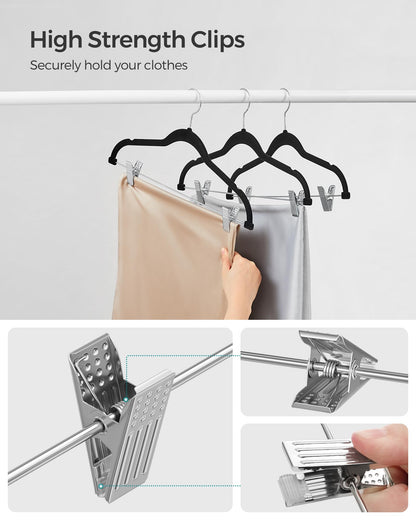 SONGMICS 30-Pack Pants Hangers, 16.7-Inch Long Velvet Hanger with Adjustable Clips, Heavy-Duty, Non-Slip Skirt Hangers, Space-Saving for Pants, Skirts, Coats, Dresses, Black UCRF12B30
