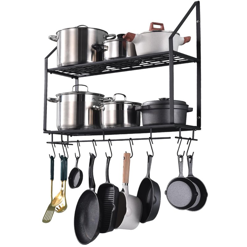 Hoooh 30-Inch Wall Mount Pot Racks - 2-Tier Pot Rack Pan Hanger for Kitchen Storage and Organization - Matte Black Cookware Hanging Shelves with 10 Hooks