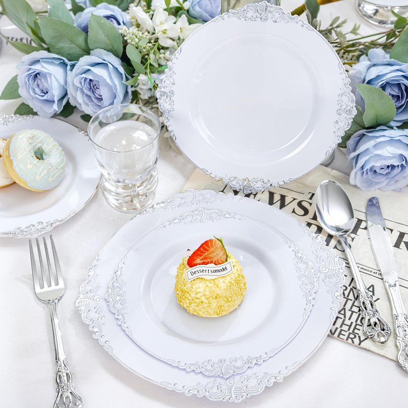 YOUBET 700PCS Silver Plastic Plates - White and Silver Disposable Plates - Silvery Plastic Dinnerware Set - Include 200 Plates, 300 Heavy Duty Silverware, 100 Cups and 100 Napkins for Wedding & Party