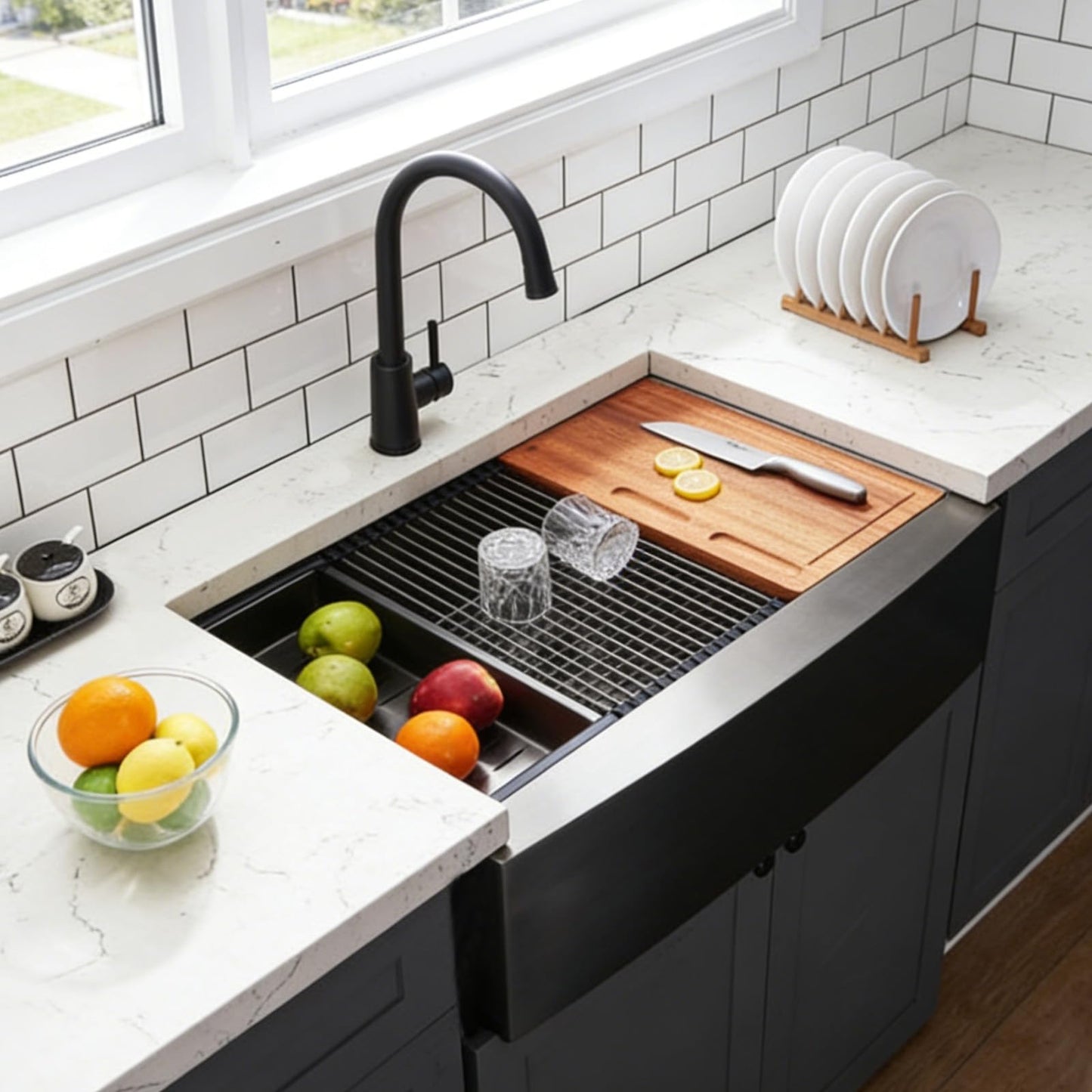 HOTIS 33 Inch Black Farmhouse Sink, Undermount Gunmetal Black Workstation Apron Front Kitchen Sink, 33 x 22 Stainless Steel Farm Sink 16 Gauge 9 Deep Single Bowl Kitchen Sink with Cutting Board
