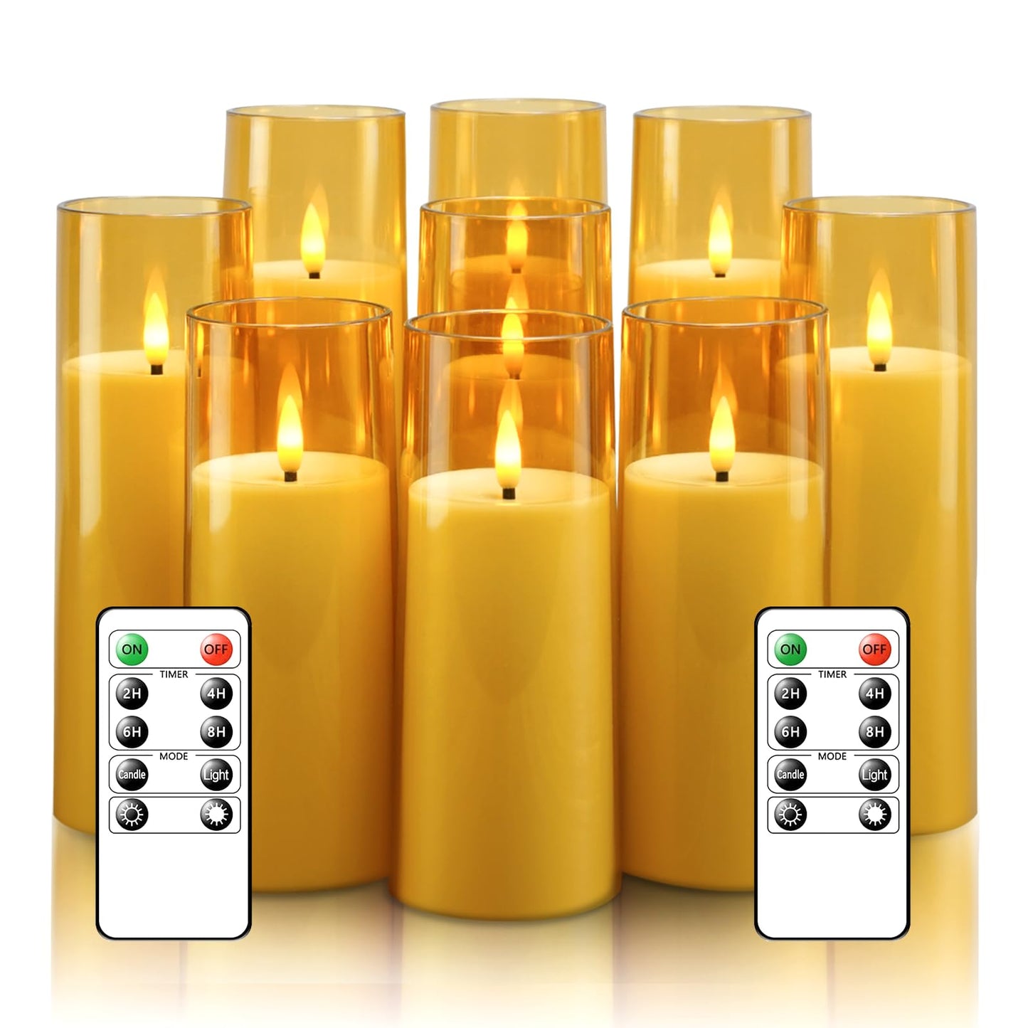 kakoya Flickering Flameless Candles Battery Operated with Remote and 2/4/6/8 H Timer Acrylic Led Pillar Candles Pack of 9 (appr D2.3"xH5.5"6.5"7.5")with Realistic 3D Wick Candles for Home Decor(Gold)
