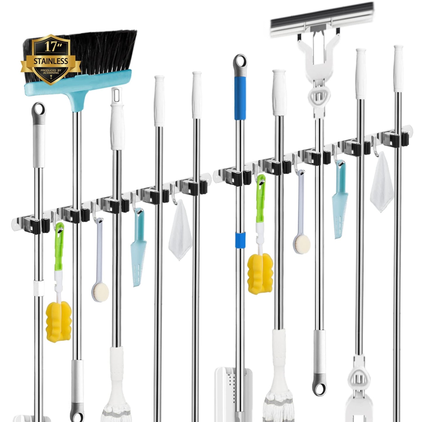 AceMining 5 Racks and 4 Hooks Mop and Broom Holder Wall Mount, Broom Organizer Storage Tool Racks Stainless Steel Heavy Duty Hooks Self Adhesive Solid Non-slip for Home Kitchen Garden Laundry Garage