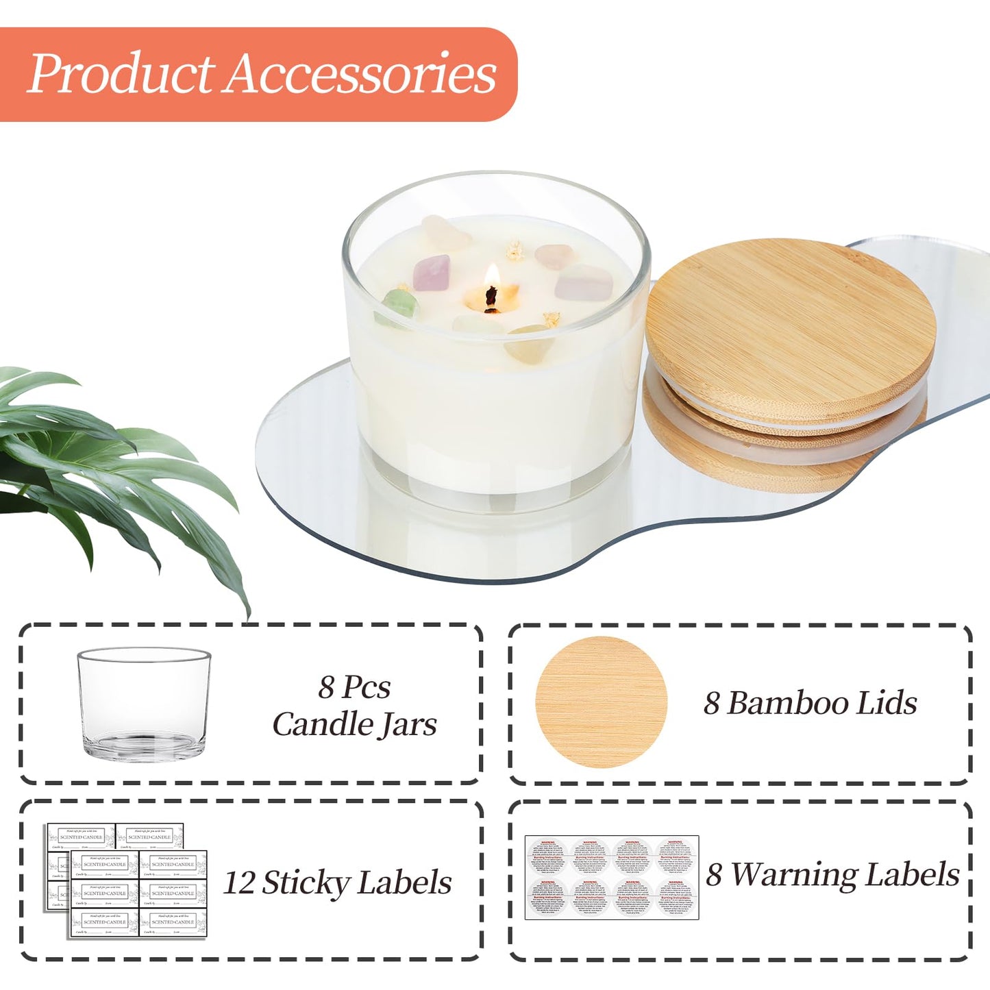 CONNOO 8 Pack 12 OZ Clear Glass Wide Mouth Candle Jars for Making Candles with Airtight Bamboo Lids Nice Sticky Warning Labels for Candle Making Empty Container Bulk - Dishwasher Safe