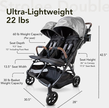 Strolee Lightweight Double Side by Side Stroller - 22 Lbs, 9.5" Compact Fold, Twin Nap Ready Seating, No Rethread Harness, Magnetic Buckle & Ultra Plush Seat 60Lb Per Seat- (v2 Fawn)